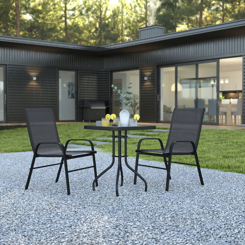 Elgin 3 Piece Patio Dining Set Glass Table 2 Flex Stack Chairs Black